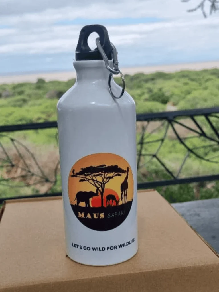 A water bottle with the logo of Maus Safari Company